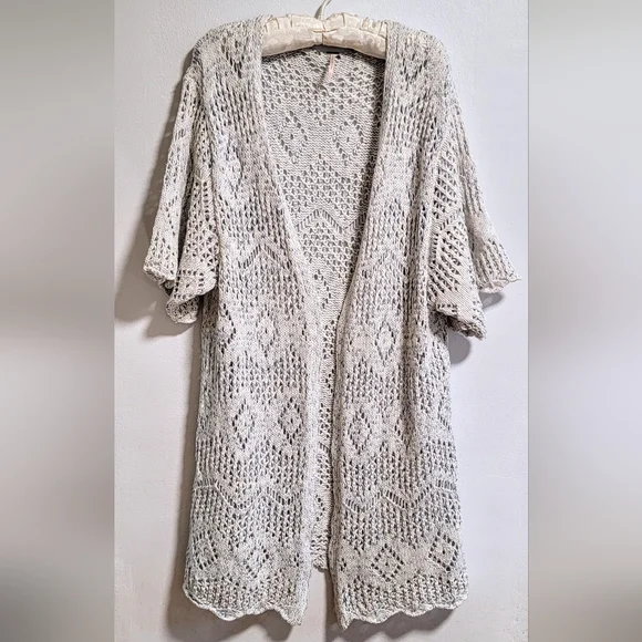 Boho Chic Open Work Knit Chrochet Lace Pattern Duster Long Cardigan Cozy Casual - Picture 2 of 7